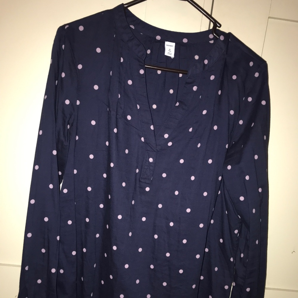 Navy blouse with lavender polka dots